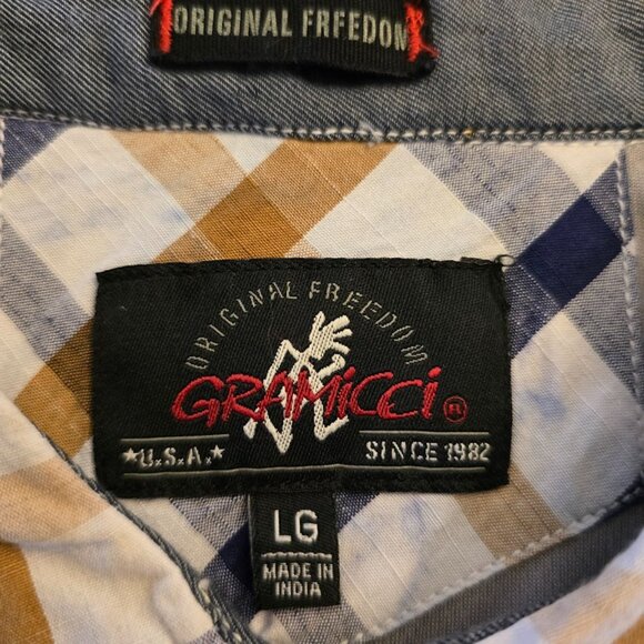 GRAMICCI ORIGINAL FREEDOM BUTTON SHIRT PLAID DIP DYED BOTTOM MENS LARGE - Picture 2 of 13